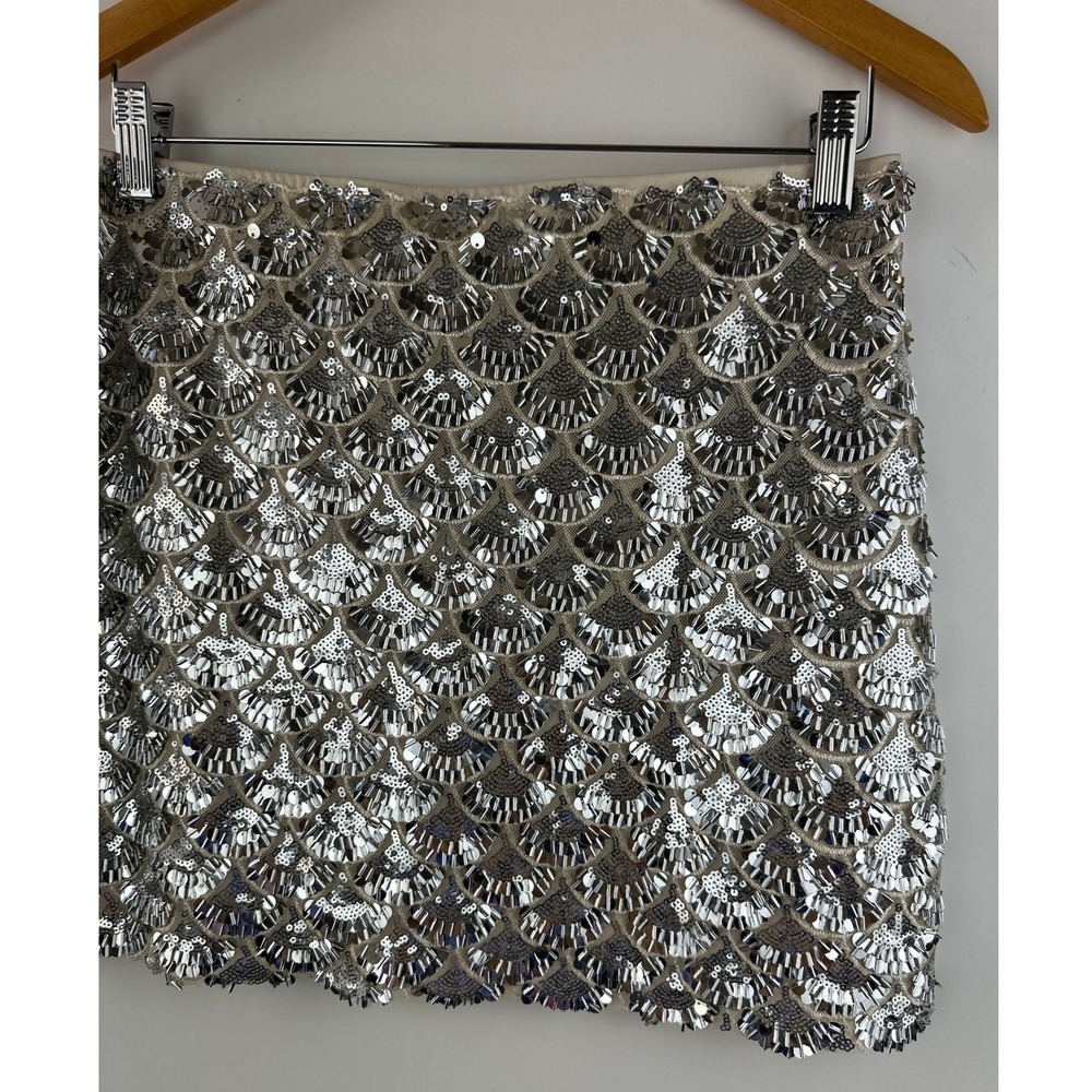 Sans Souci Silver Scalloped Sequin Mini Skirt Womens Large Art Deco Fan Party - Picture 6 of 11